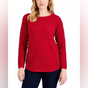Karen Scott Tucked-Stitch Curved-Hem Pullover Sweater Red Black Macy's